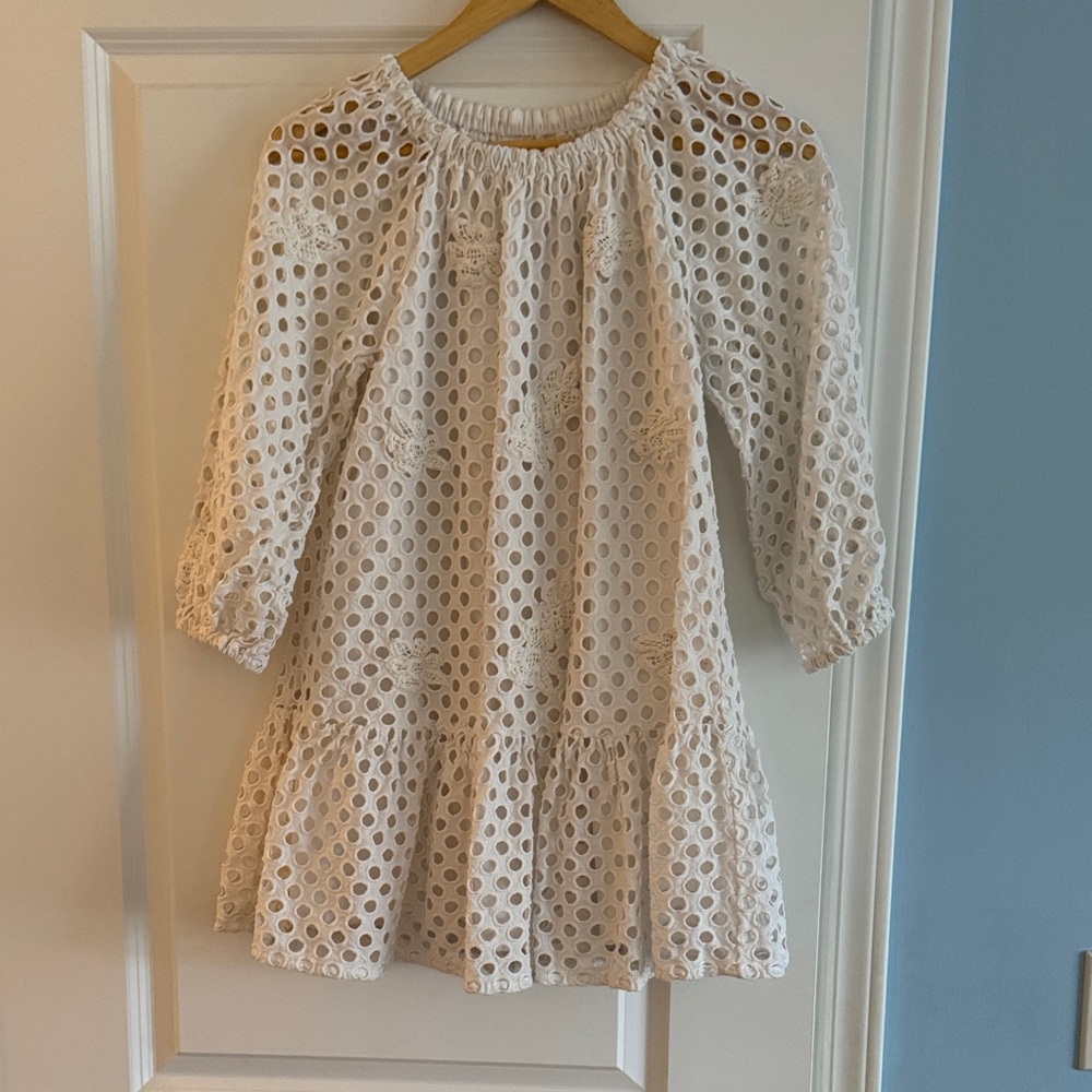Zara White Gathered Eyelet Dress- 10Y